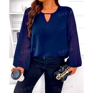 SHEIN Frenchy Keyhole Neckline Contrast Mesh Lantern Sleeve Blouse size 1X navy